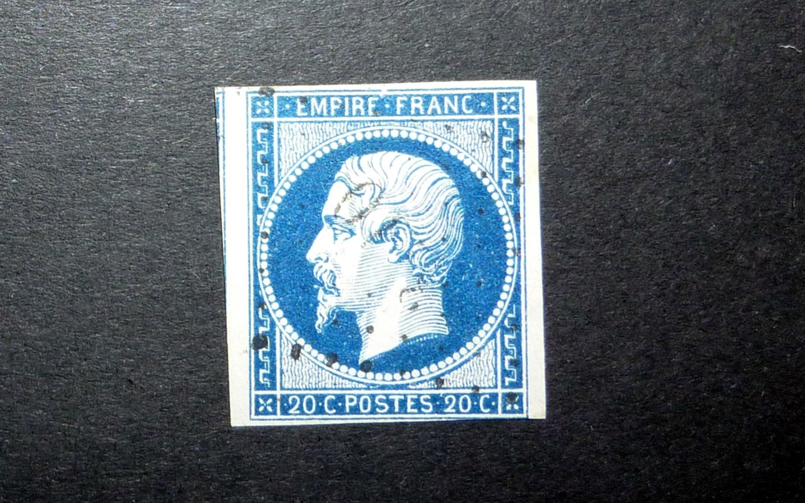 FRANCE 1854 N°14IC OBL. (NAPOLÉON III. SECOND EMPIRE. 20C BLEU FONCÉ. LÉGENDE EMPIRE FRANC. NON DENTELÉ. TYPE I) - 1853-1860 Napoléon III