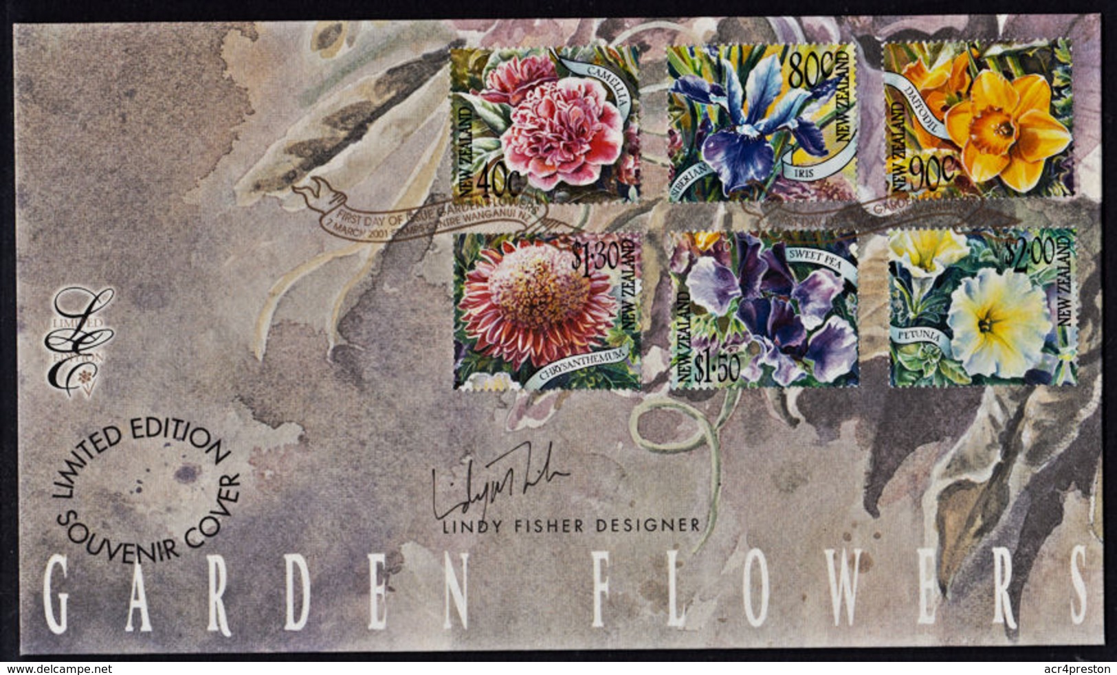 Ce0034 NEW ZEALAND 2001, SG 2394-99 Garden Flowers, Limited Edition Signed FDC - Lettres & Documents