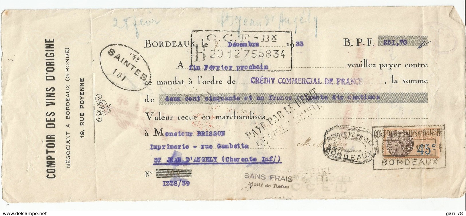 Lettre De Change Du 20 Octobre 1931 De Pierre KROMAN  + Timbre Fiscal - Bills Of Exchange