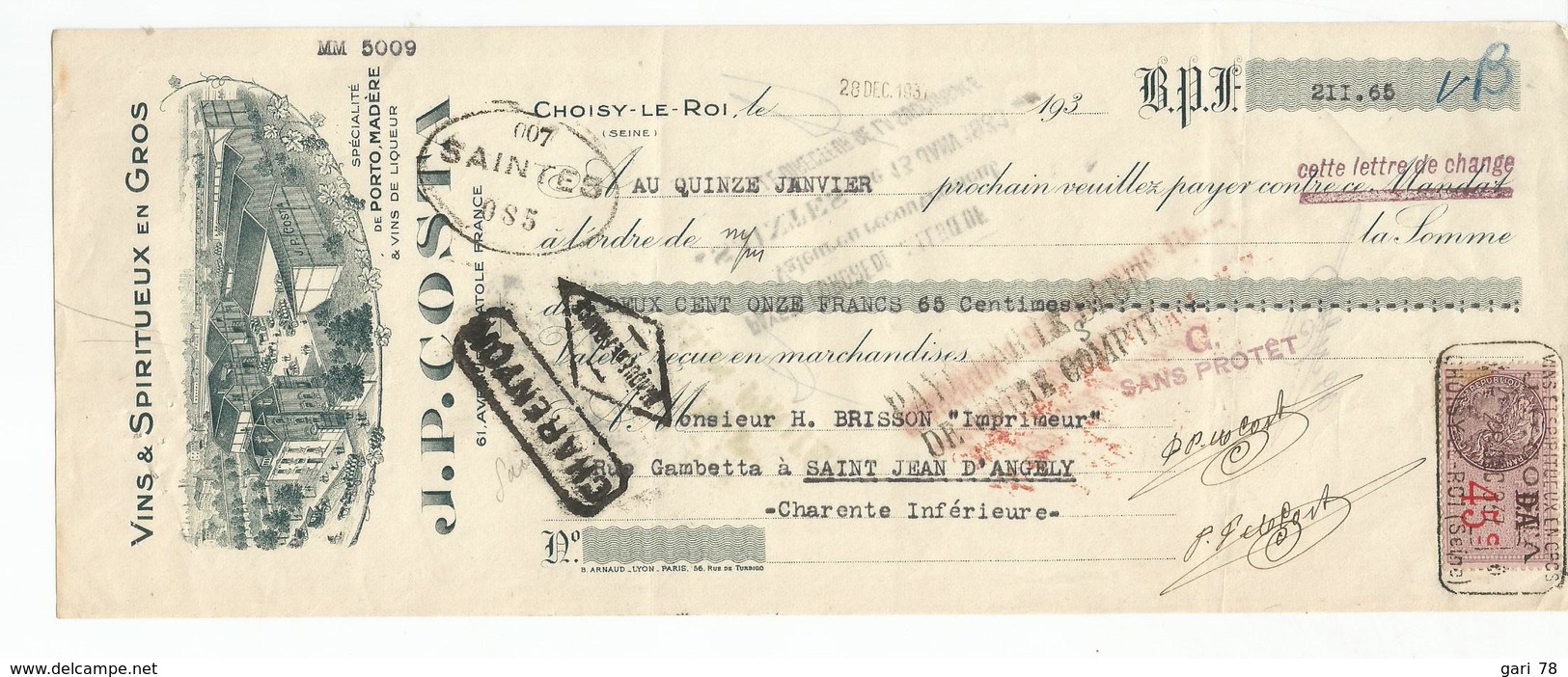 Lettre De Change Du 28 Décembre 1937 De Vins Set Spiritueux JP COSTA  + Timbre Fiscal - Lettres De Change