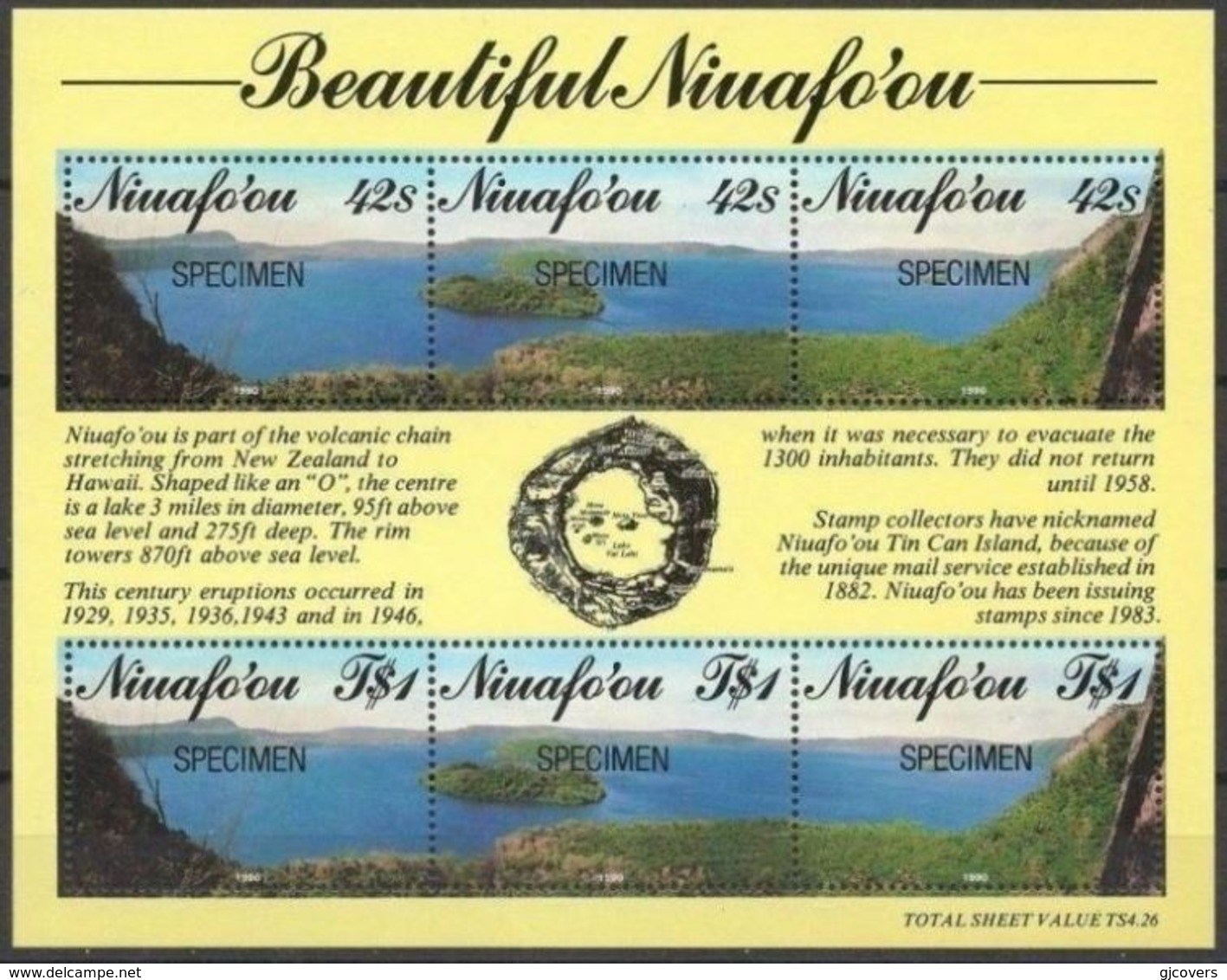 Tonga Niuafo'ou 1990 Specimen S/S - Volcanic Crater Lake - Text Gives Dates Of Volcano Eruptions - Map - Volcanos