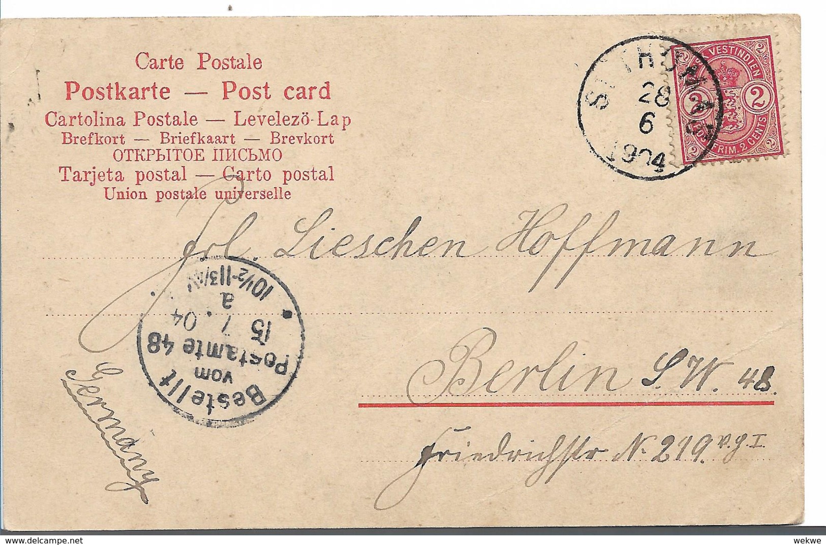 DK-W022 / Dänemark, Wappen, 2 Cent Auf Viewcard St. Thomas 1904 Nach Deutschland - Briefe U. Dokumente
