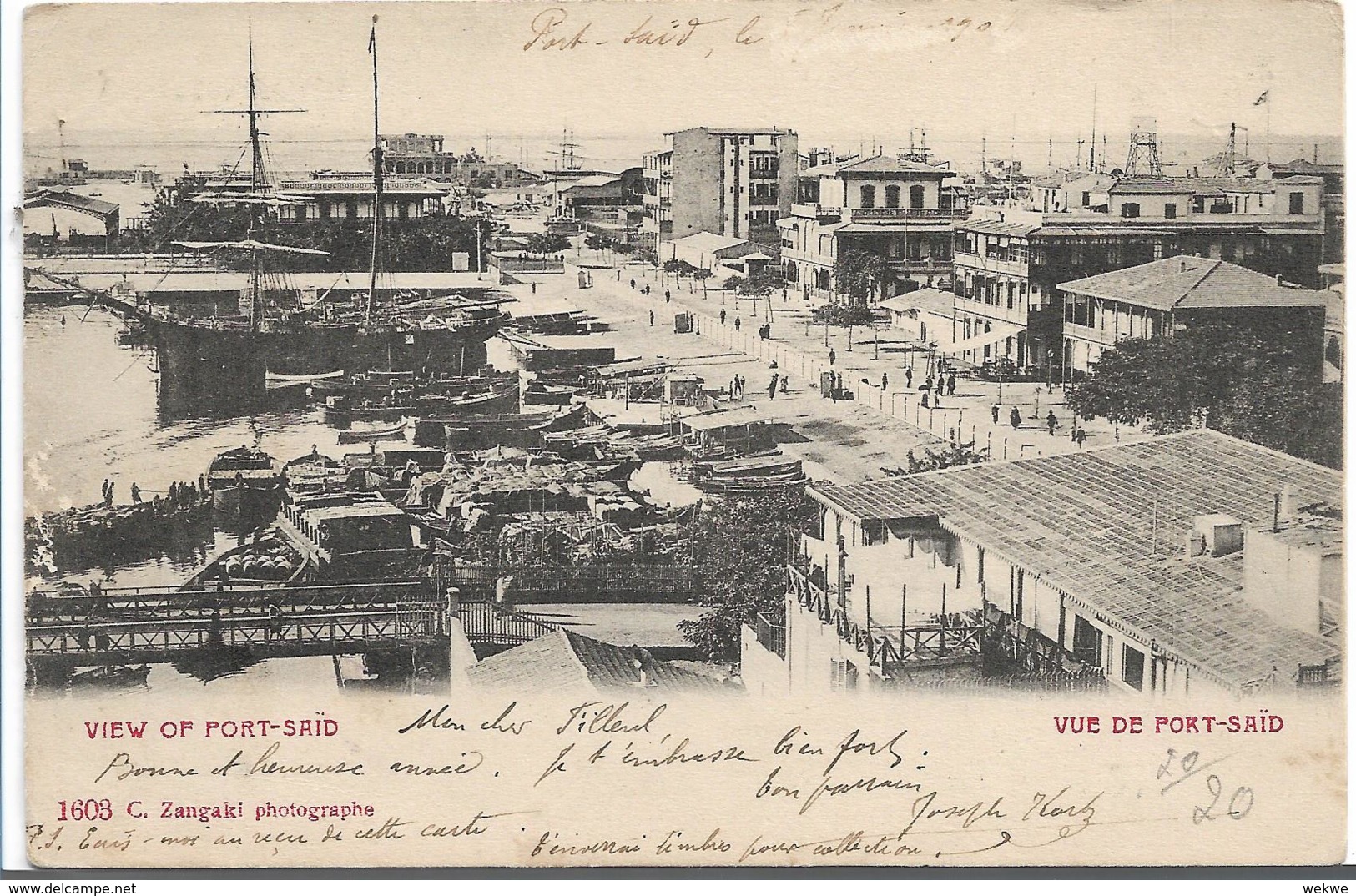 FAF098 / Französische Post Alexandria + Port Said Mischfrankatur Auf Ansichtskarte Vom Hafen Port Said - Briefe U. Dokumente