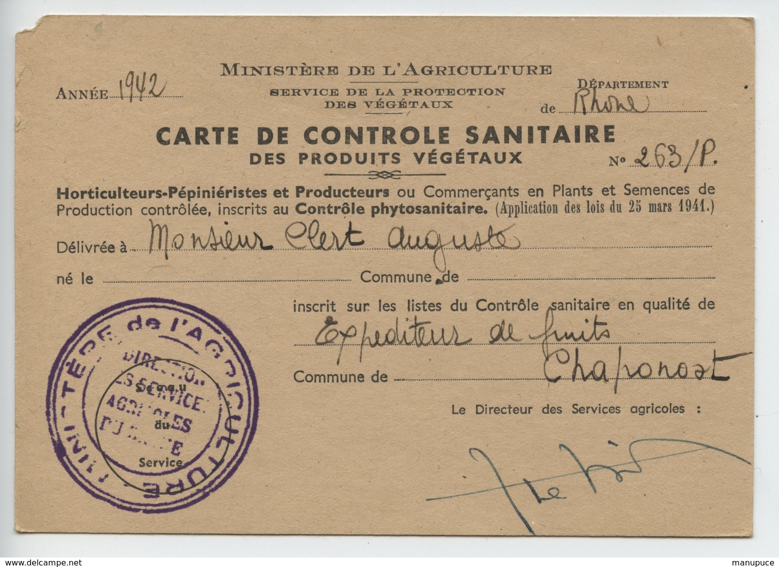 Carte De Controle Sanitaire Des Produits Vegetaux - Autres & Non Classés