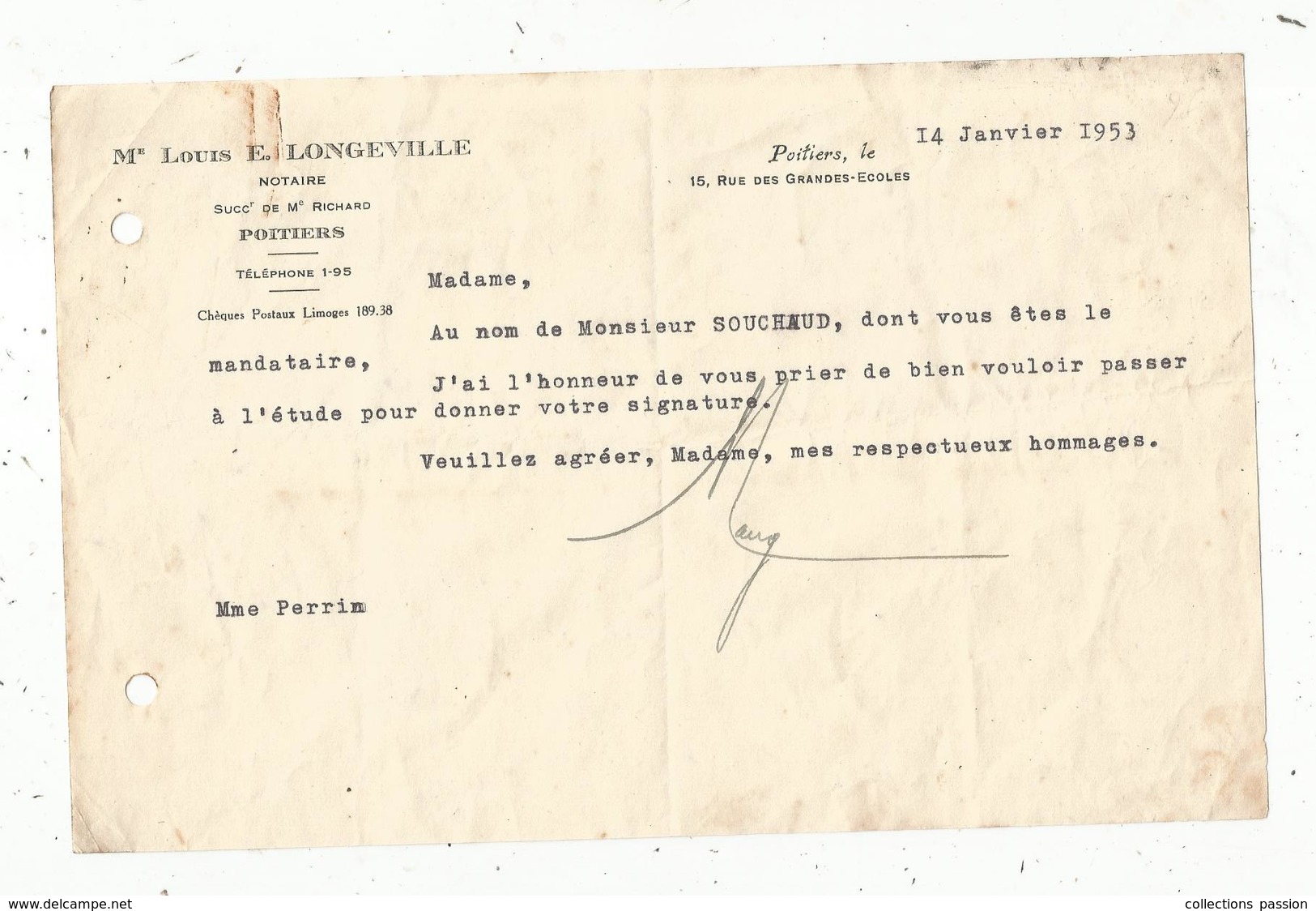 Courrier Commercial,Maitre Louis E. Longeville  , 1953,  Poitiers ,  Vienne , Frais Fr 1.45 E - 1950 - ...