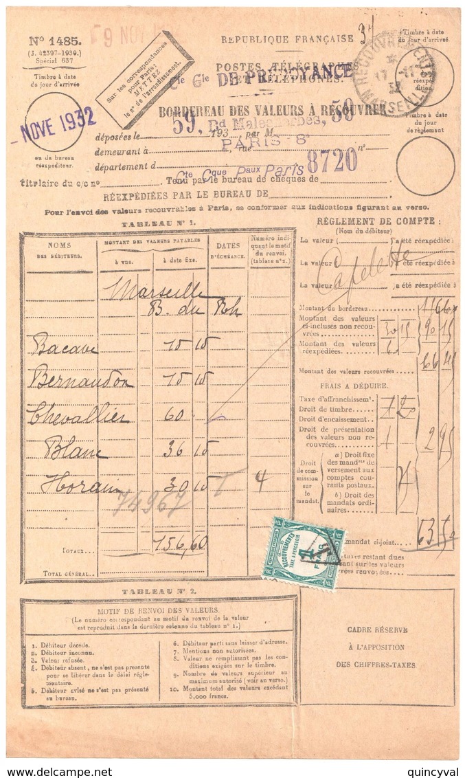 MARSEILLE Bordereau Valeur Recouvrée 1485  1F Vert Taxe à Percevoir N°60 Ob T PREOBLITERE TRIANGLE Formule Entière - 1859-1959 Briefe & Dokumente