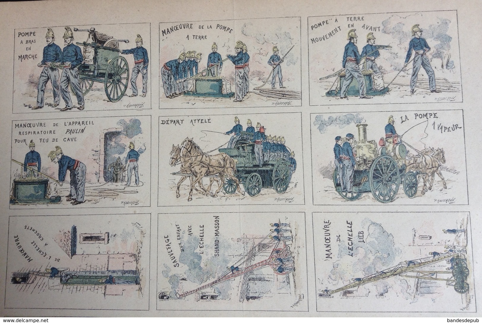 Rare Planche Bons Points Nationaux Papier Fin Pompier Imp Quantin Paris Dessin Signé Kauffmann - Other & Unclassified