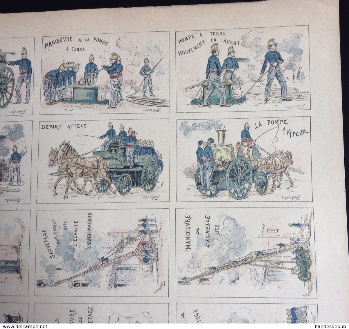 Rare Planche Bons Points Nationaux Papier Fin Pompier Imp Quantin Paris Dessin Signé Kauffmann - Other & Unclassified