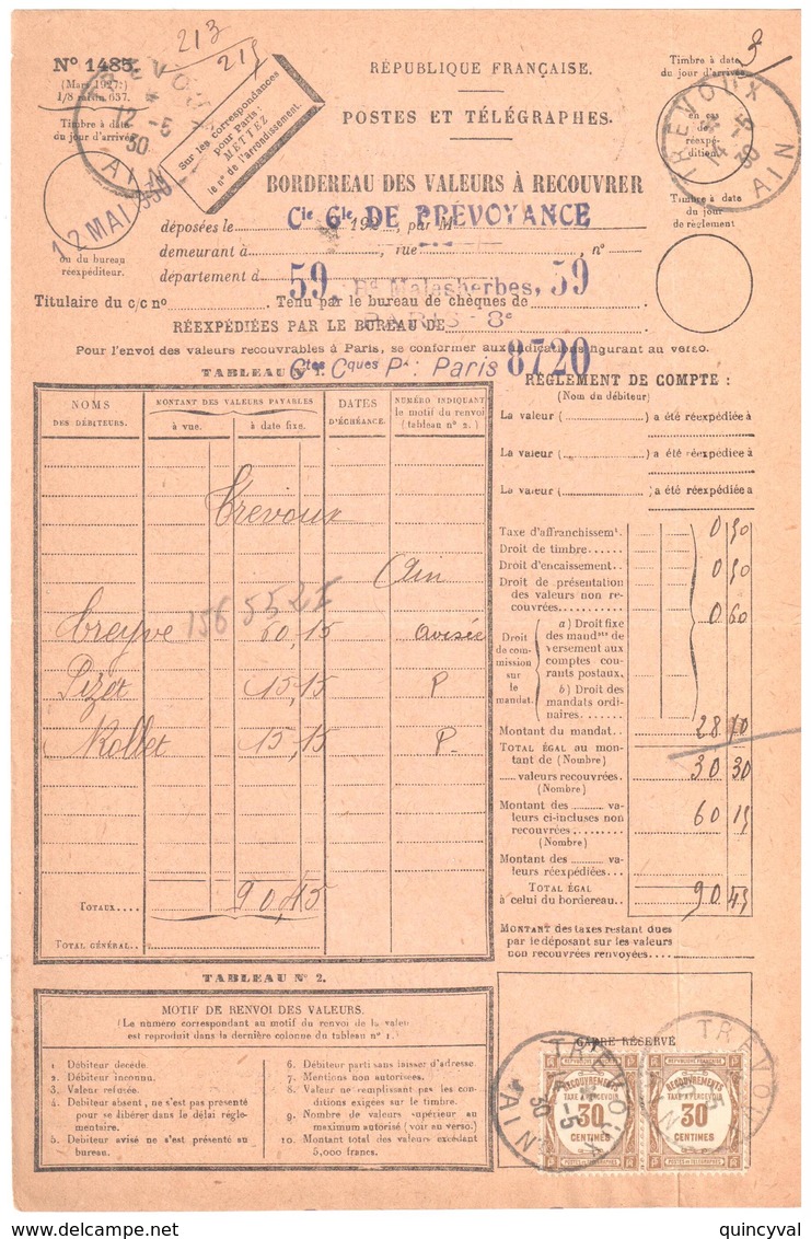 TREVOUX Ain 01 Bordereau Valeur Recouvrée 1485 Taxe 57  Formule Entiere Ob 1930 - 1859-1959 Briefe & Dokumente