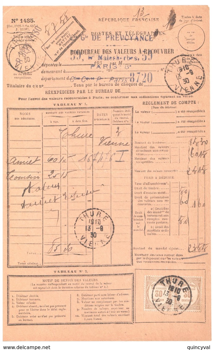 THURE Vienne 86 Bordereau Valeur Recouvrée 1485 Taxe 57  Formule Entiere Ob 1930 FB04 - 1859-1959 Briefe & Dokumente