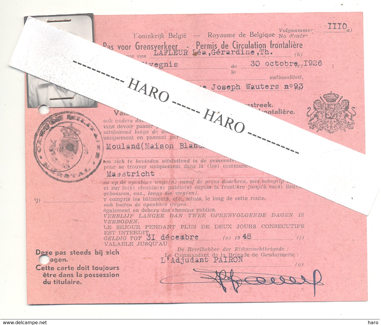 Royaume De Belgique - Permis De Corculation Frontalière  Avec Les Pays-Bas En 1948- Mouland / Maestricht  (b246) - Documents Historiques