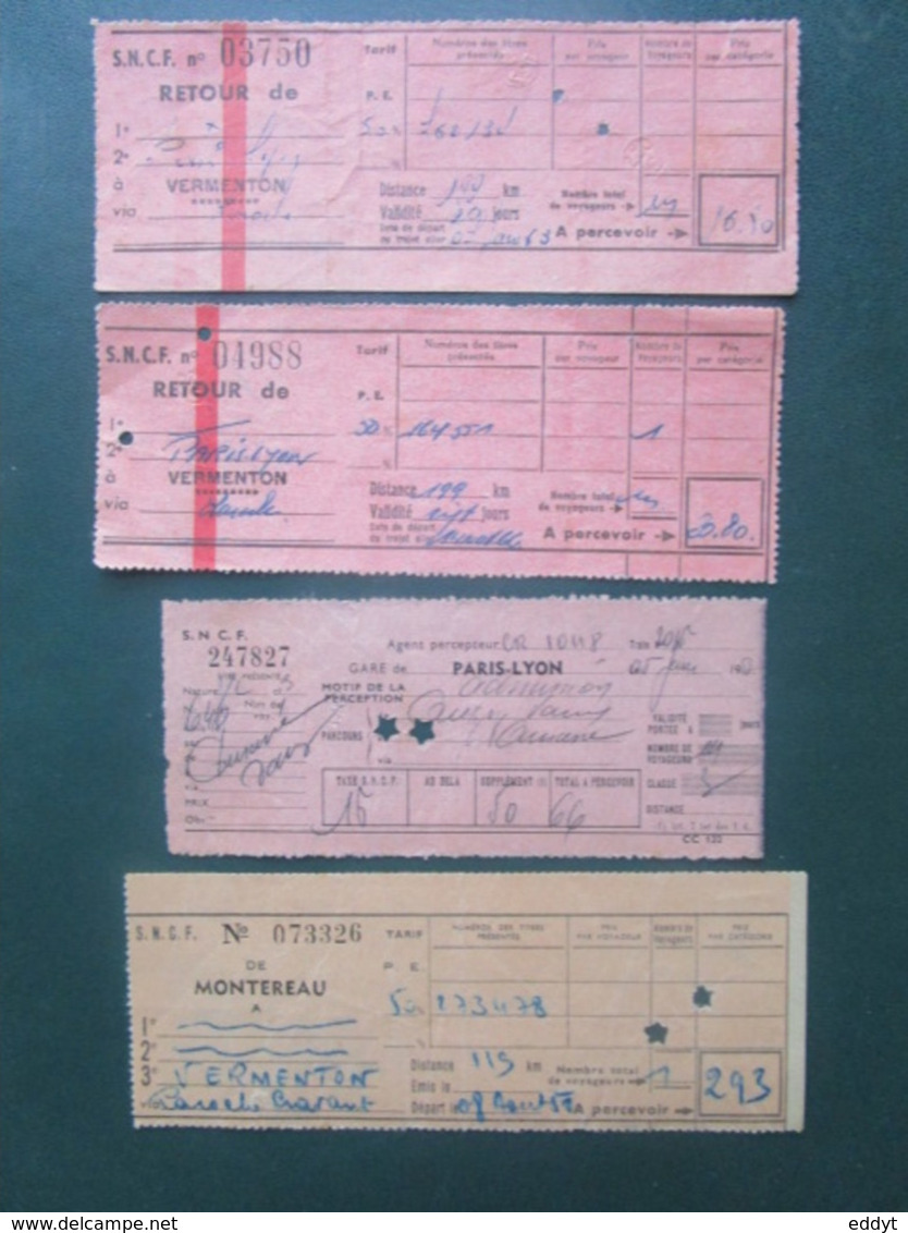 4 BILLETS Tickets De Train - S.N.C.F.  - France -  Dans Les Années 1945/années 60 "couleur Vieux Rose" - World