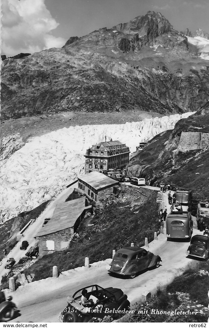 FURKASTRASSE BEIM RHONEGLETSCHER  → Verkehrschaos Beim Belvedere, Fotokarte Ca.1950 - Andere & Zonder Classificatie