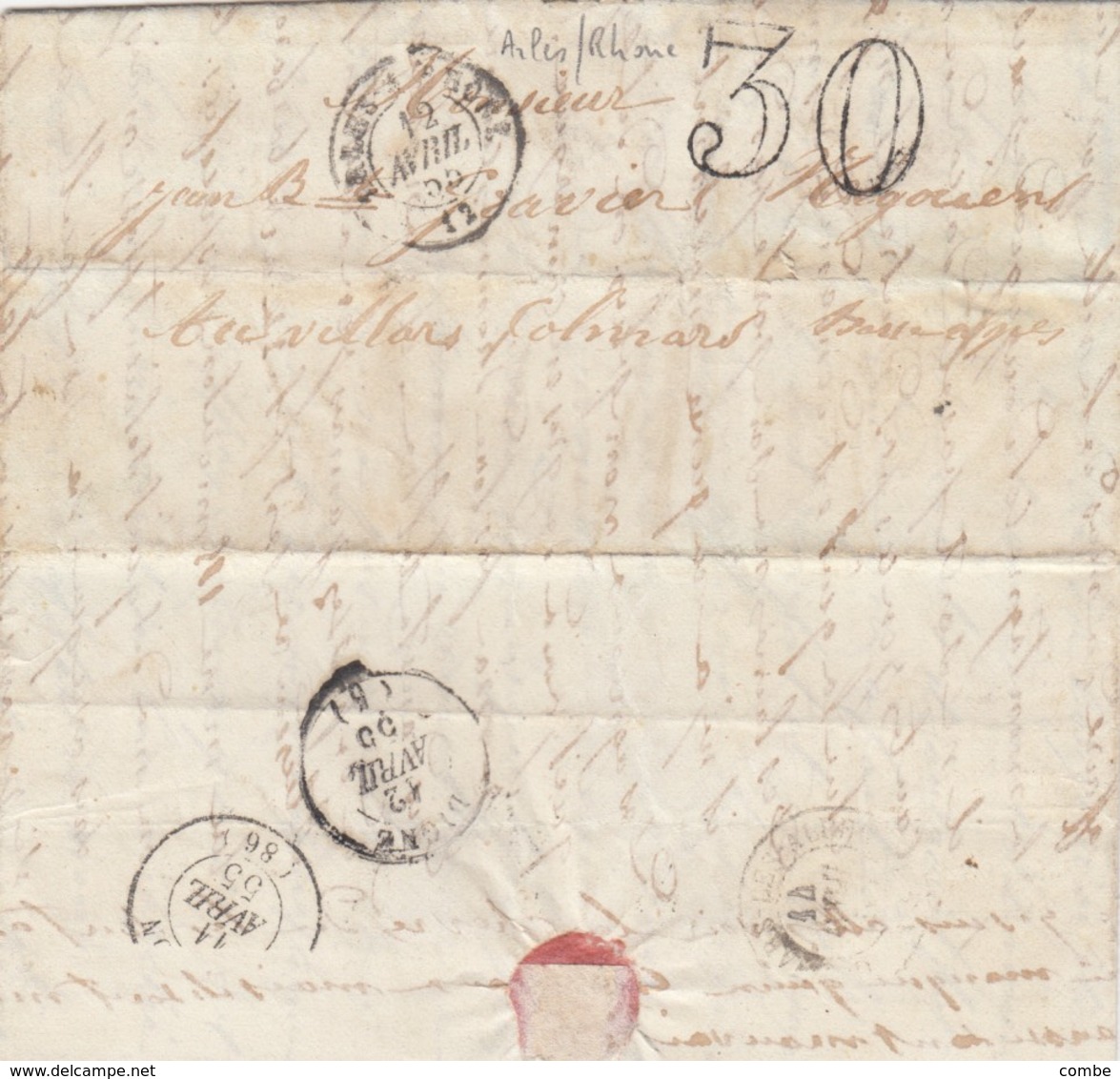 LETTRE. 1855. BOUCHES-DU-RHONE ARLES POUR VILLARS DE COLMARS. TAXE TAMPON 30 - 1849-1876: Période Classique