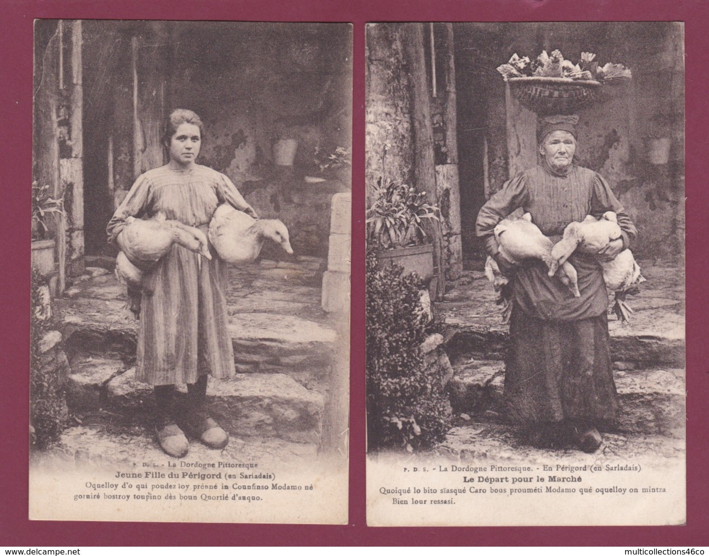 100219 - 2 Cartes - 24 Dordogne Périgord Sarladais Départ Pour Le Marché Jeune Fille - Oie Canard Patois Occitan Région - Altri & Non Classificati