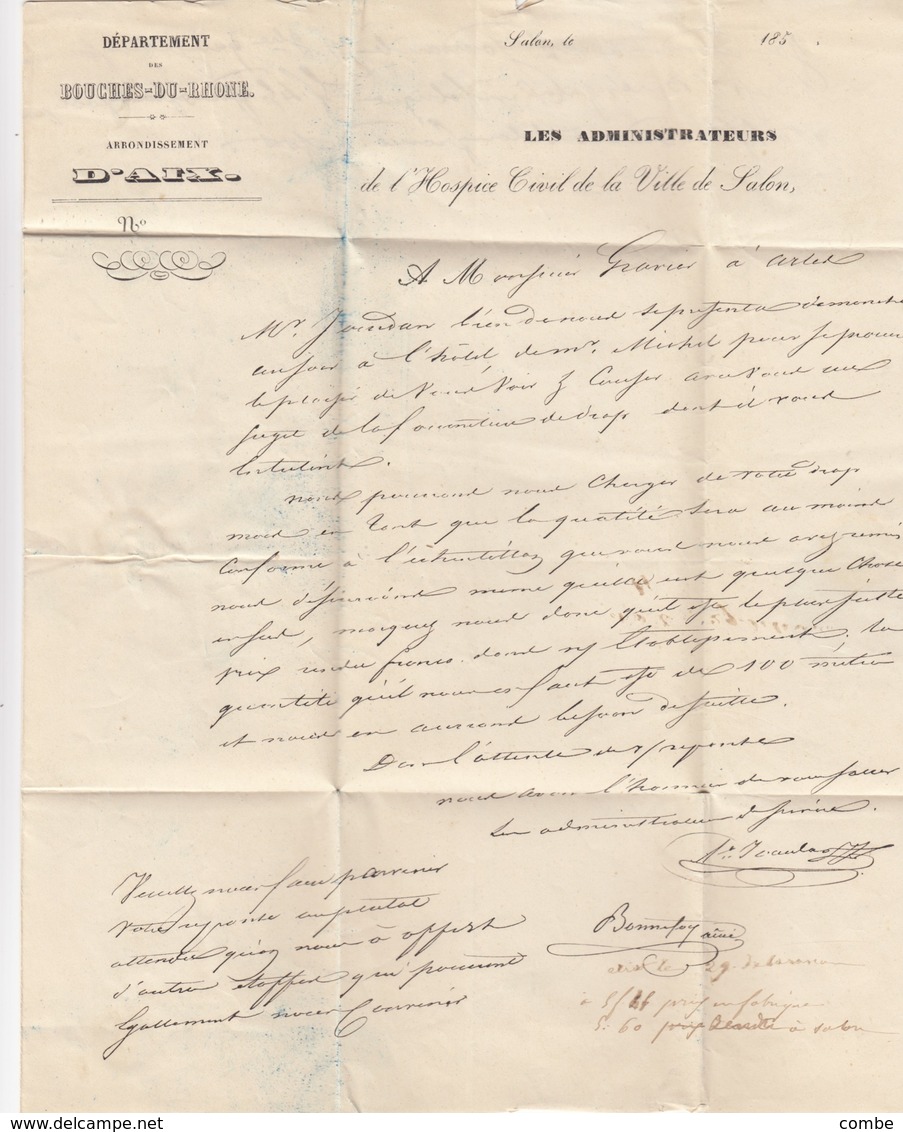 LETTRE. 1854. BOUCHES-DU-RHONE. HOSPICE CIVIL DE LA VILLE DE  SALON POUR ARLES. TAXE TAMPON 30 - 1849-1876: Période Classique