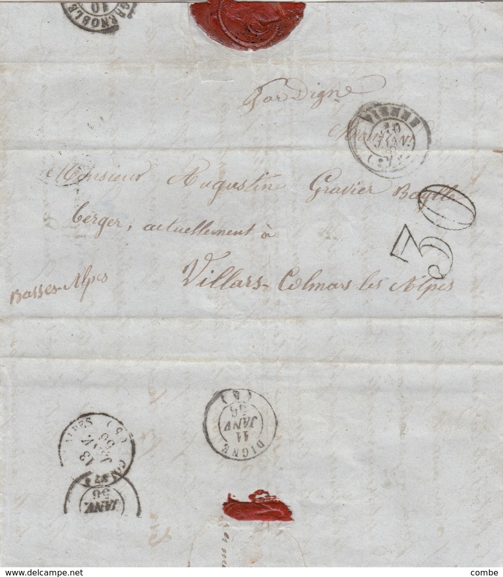 LETTRE. 1856. ISERE. VIENNE POUR VILLARS DE COLMARS. TAXE TAMPON 30 - 1849-1876: Période Classique