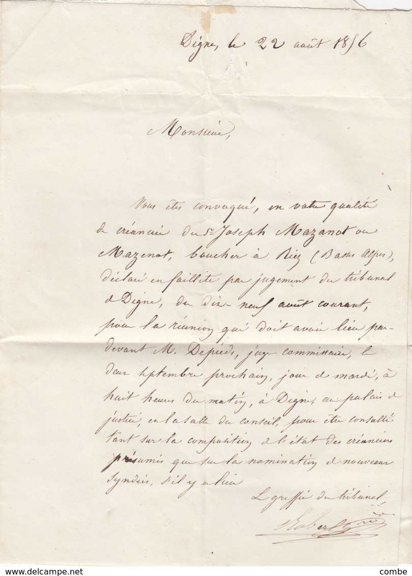 LETTRE. 1856. I BASSES ALPES DIGNE POUR VILLARS DE COLMARS. TAXE TAMPON 30 - 1849-1876: Période Classique