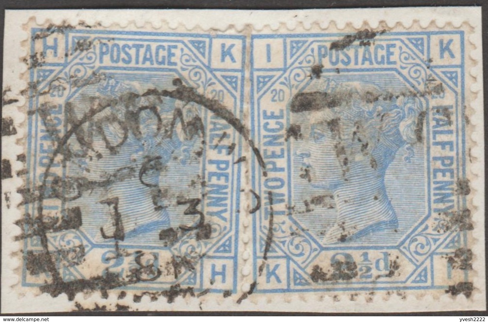 GB 1878 Y&T 57 SG 142 Michel 51. Victoria 2 1/2 Bleu, Filigrane Globe. Planche 20. Lettres HK Et IK. 2 Timbres Fragment - Oblitérés