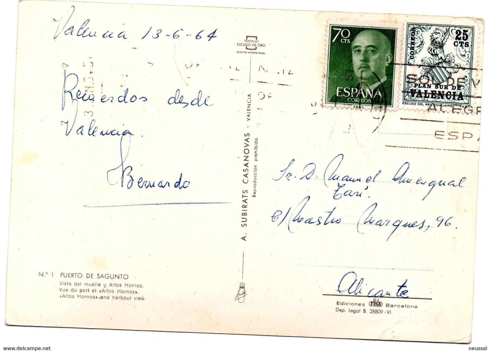 Tarjeta Postal De Sagunto Circulada. Sello Plan Sur. - Cartas & Documentos