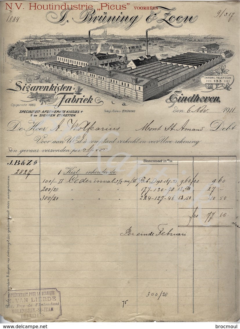 J.BRÜNING & ZOON  Voorheen Houtindustrie " Picus" Sigarenkistenfabriek EINDHOVEN  Factuur 6 November 1911 - Nederland