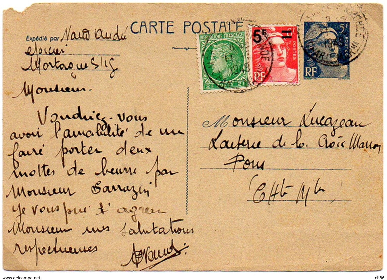 France Mazelin Et Gandon N° 680, Entier 719B Et 827 Y. Et T. Cachet A6 Mortagne S/Gironde Charente Mme Du 11/03/1948 - 1921-1960: Période Moderne