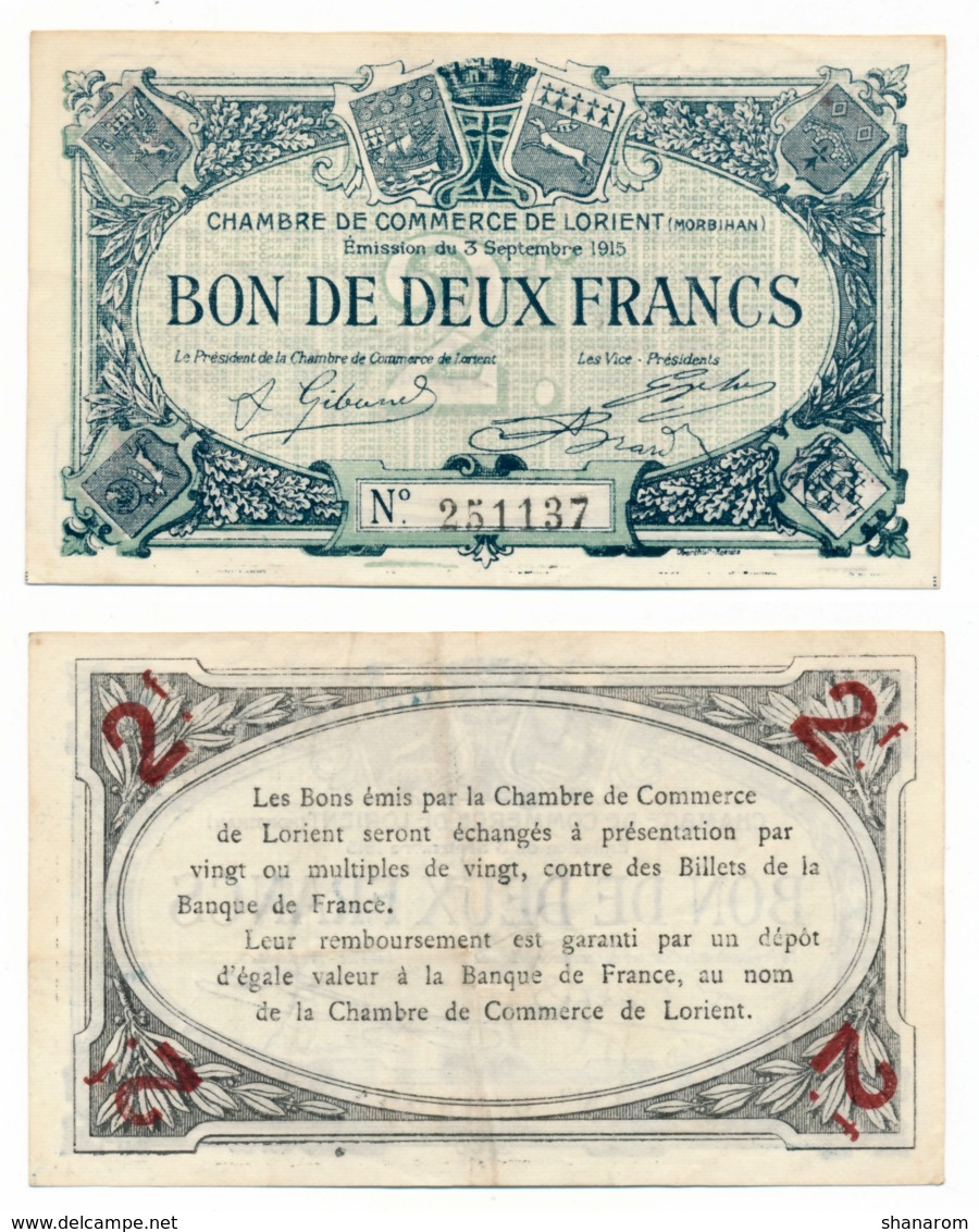 1914-1918 // C.D.C. // LORIENT // 3 Septembre 1915 // 2 Francs // Filigrane Abeilles - Chambre De Commerce