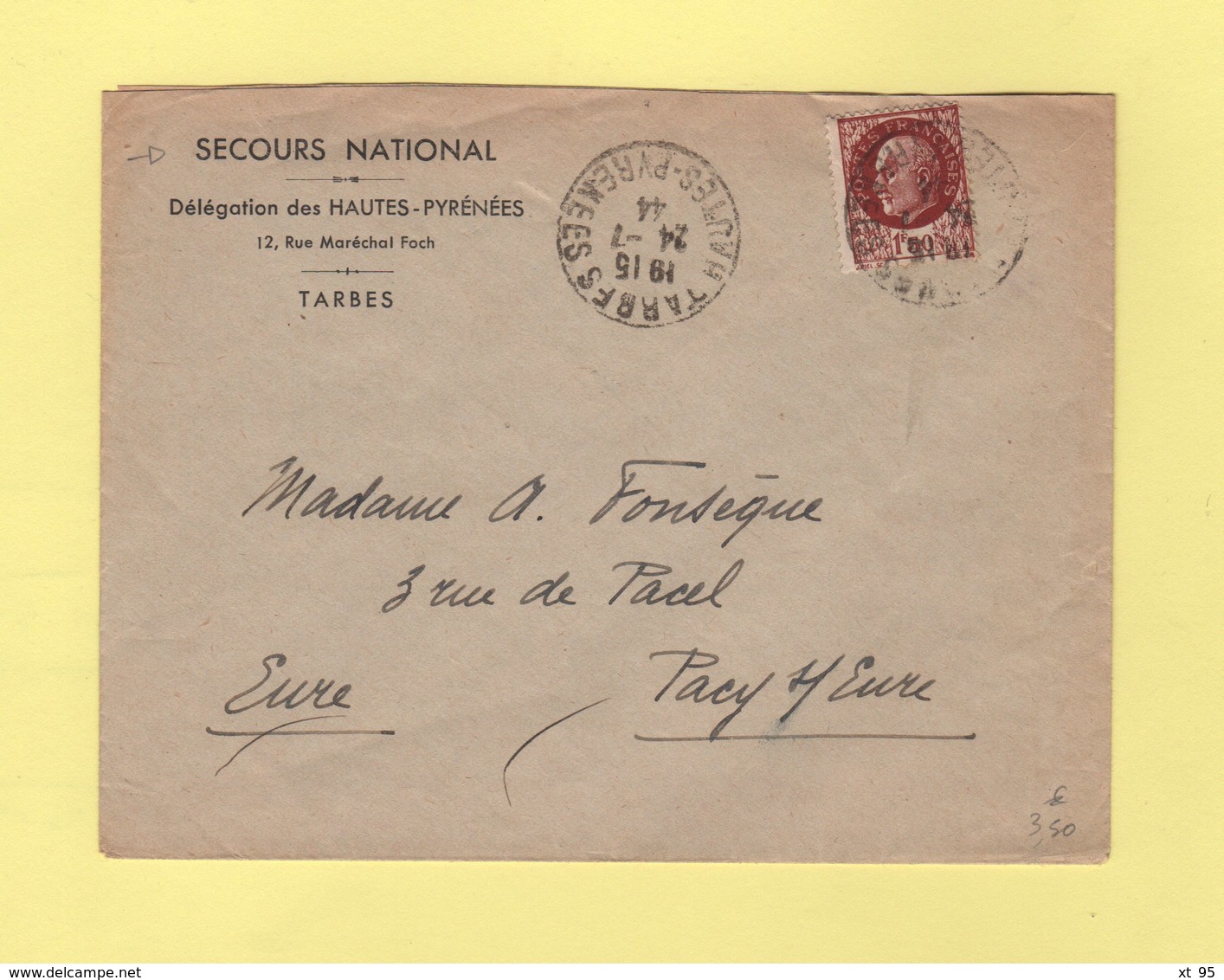 Tarbes - Hautes Pyrenees - Envelopep A En Tete Du Secours National - 24-7-1944 - WW II