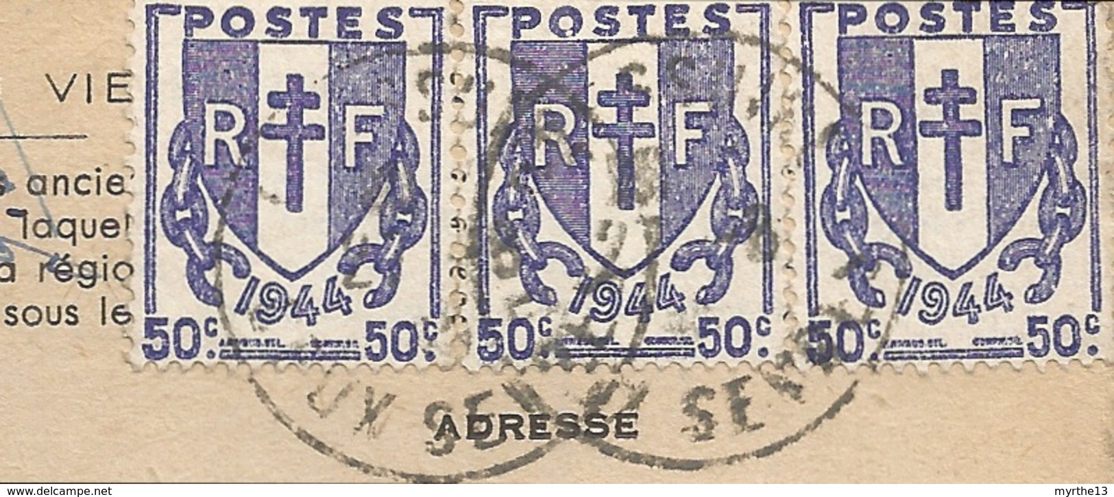 3 Timbres Croix De Lorraine 1944 50c Sur CPA Eglise St Cyprien Dépt 79 - Used Stamps