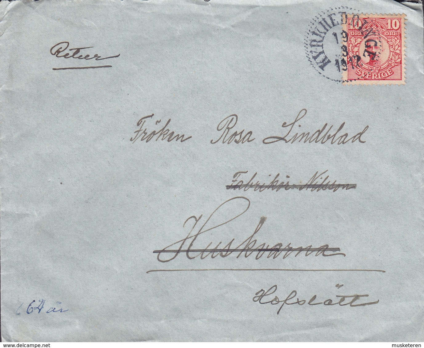 Sweden KYRKHEDDINGE (Skåne) 1917 Cover Brief To HUSKVARNA Retour Retur READRESSED HOFSTÄTT 10 Öre Gustaf V. - Briefe U. Dokumente