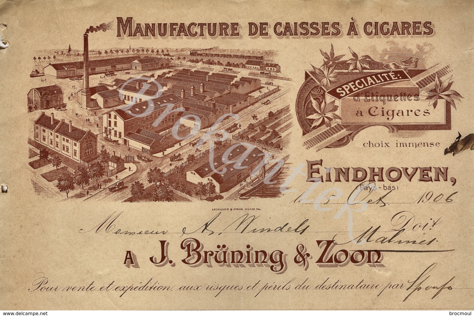 J.BRÜNING & ZOON  Manufacture De Caisses à Cigares  EINDHOVEN  Factuur 5 October 1906 - Nederland