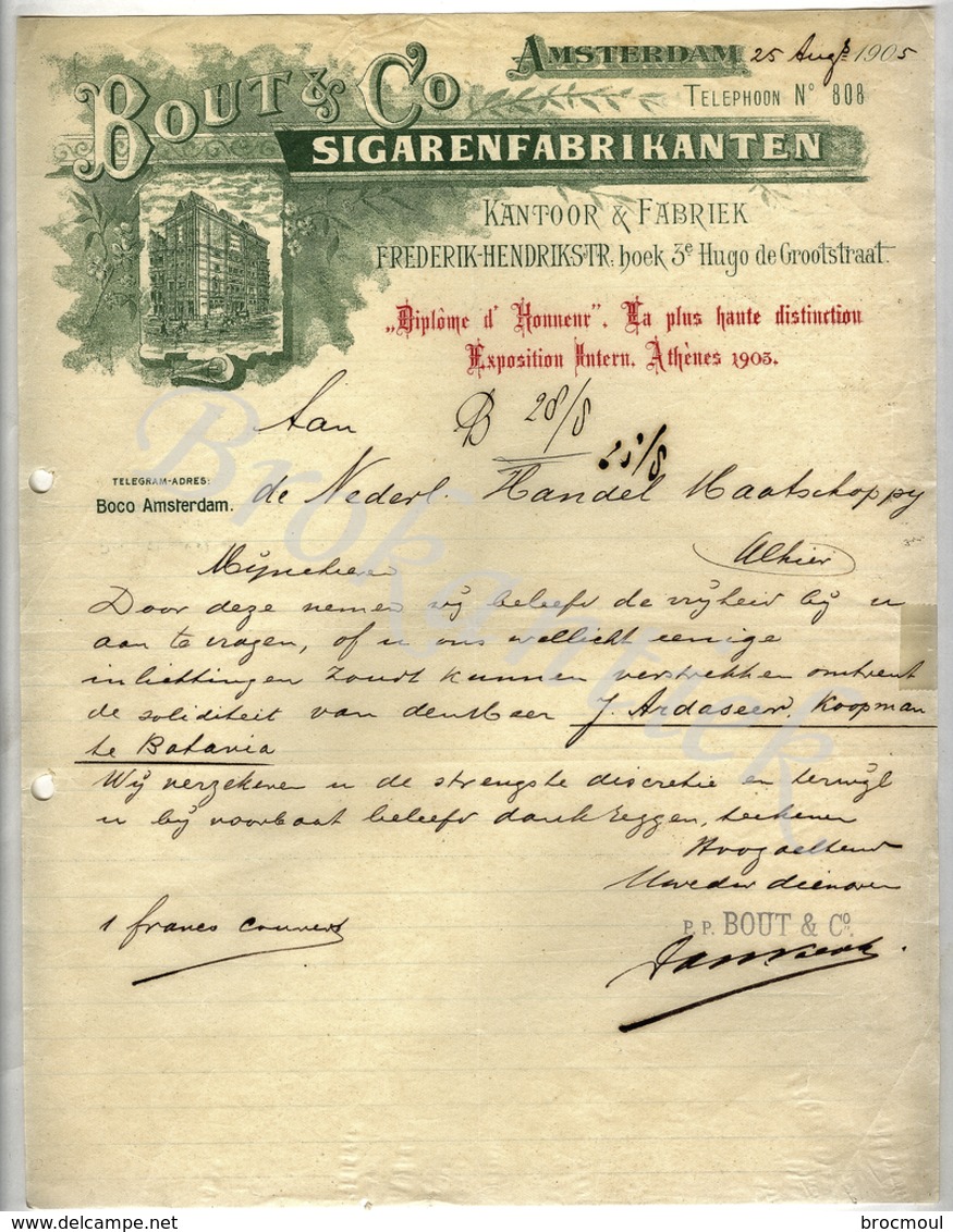 BOUT & C° Sigarenfabrikanten   AMSTERDAM  Brief Aan Handelsmaatschappij  25 Augustus 1905 - Nederland