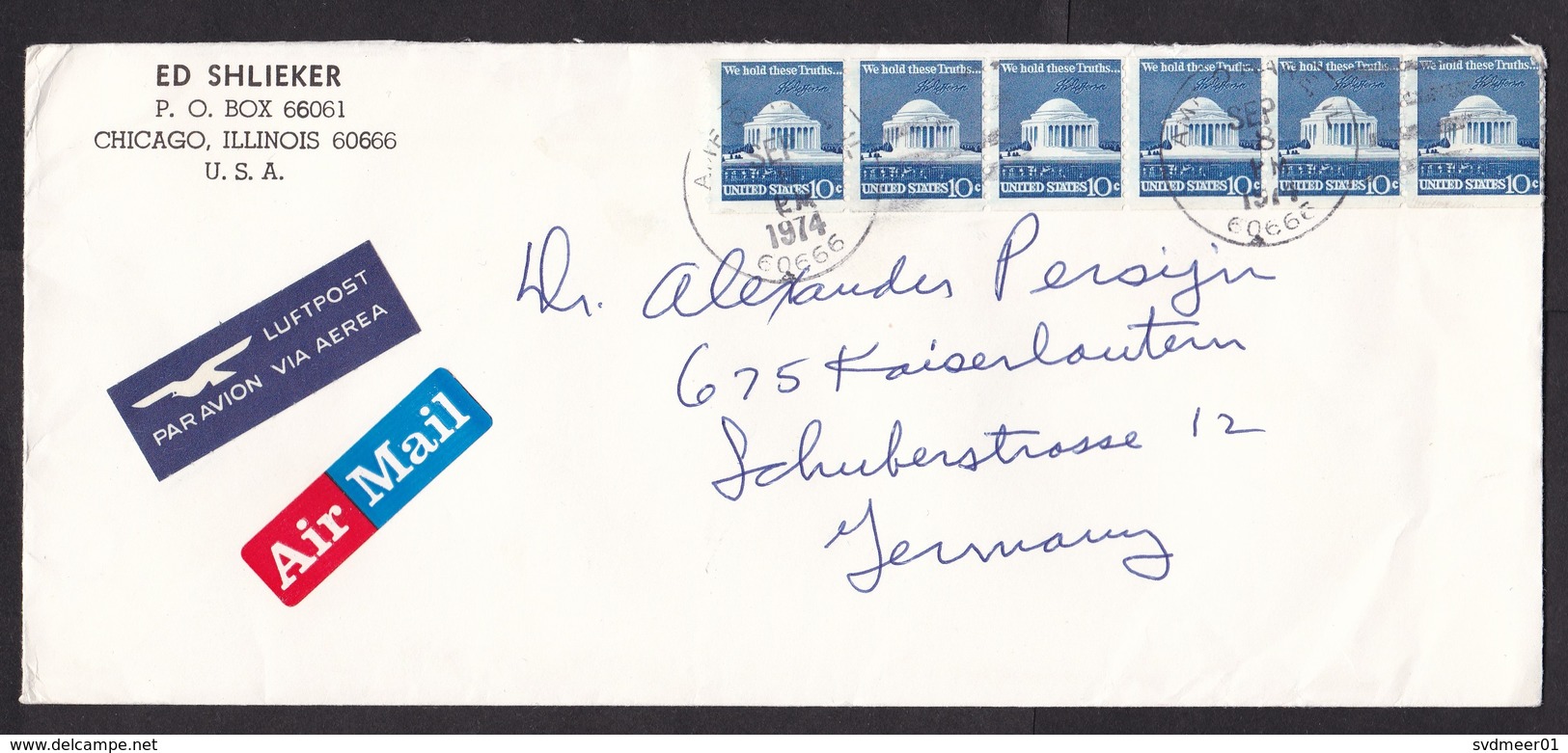 USA: Airmail Cover To Germany, 1974, Strip Of 6 Stamps, Curiosity: Swiss Air Label (traces Of Use) - Brieven En Documenten