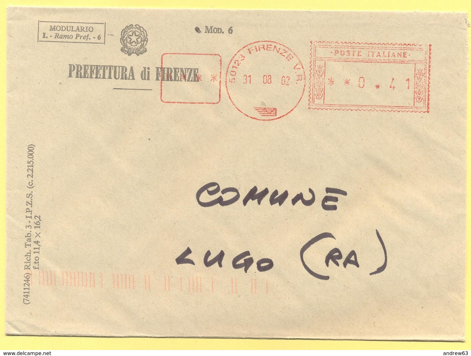 ITALIA - ITALY - ITALIE - 2002 - 00,41€ EMA, Red Cancel - Prefettura Di Firenze - Viaggiata Da Firenze Per Lugo - Macchine Per Obliterare (EMA)