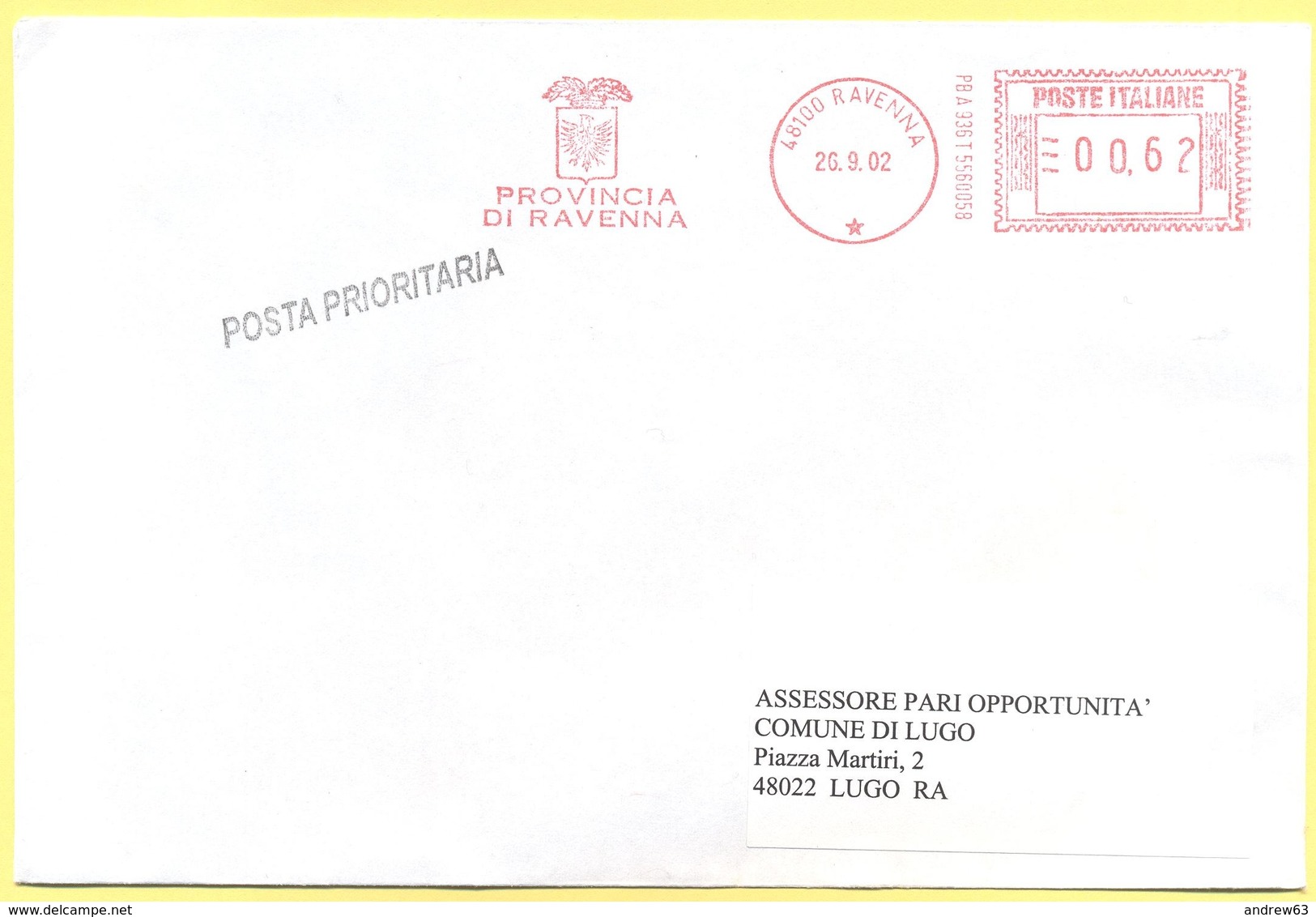 ITALIA - ITALY - ITALIE - 2002 - 00,62€ EMA, Red Cancel - Provincia Di Ravenna - Posta Prioritaria - Viaggiata Da Ravenn - Macchine Per Obliterare (EMA)