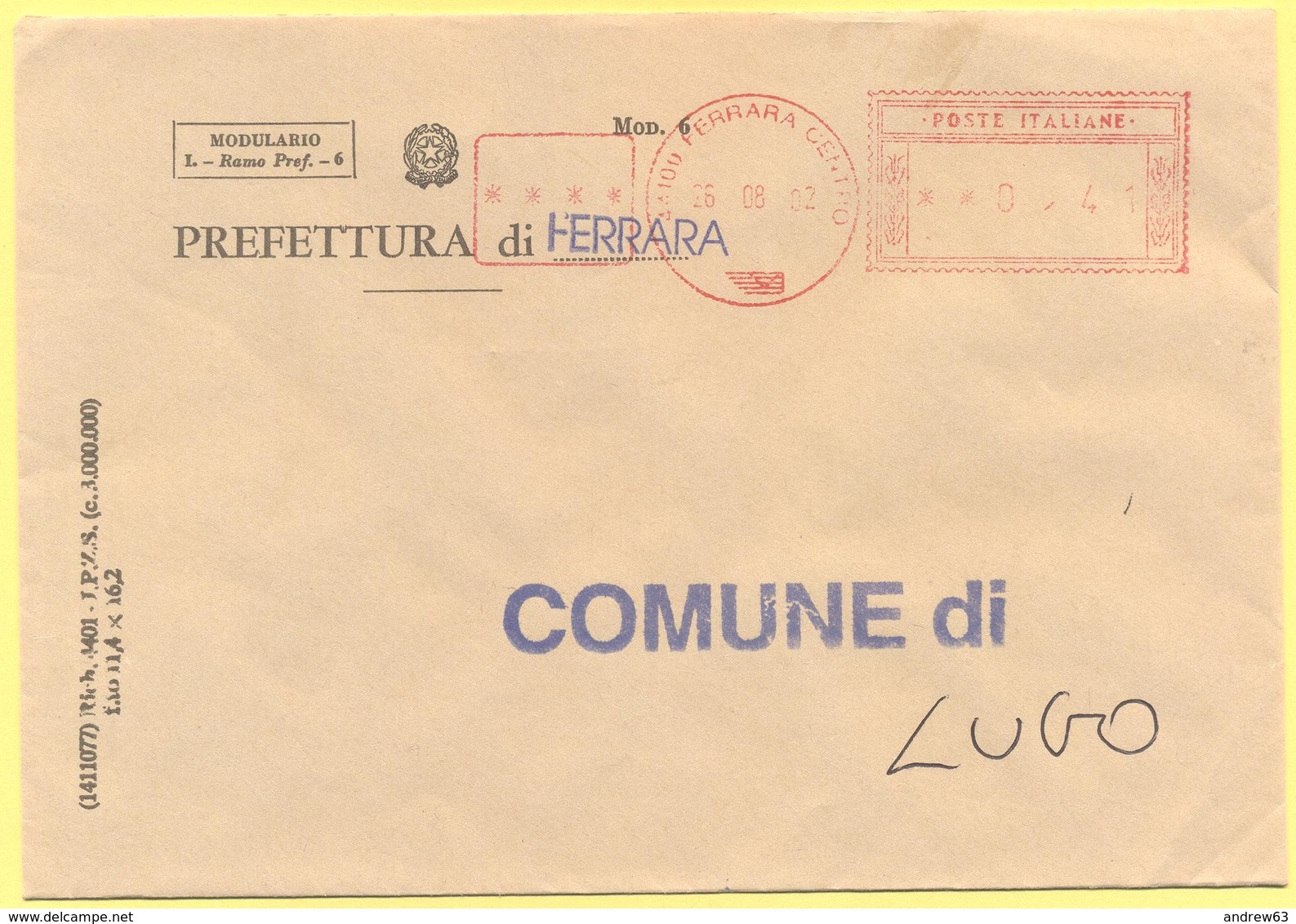 ITALIA - ITALY - ITALIE - 2002 - 00,41€ EMA, Red Cancel - Prefettura Di Ferrara - Viaggiata Da Ferrara Per Lugo - Macchine Per Obliterare (EMA)