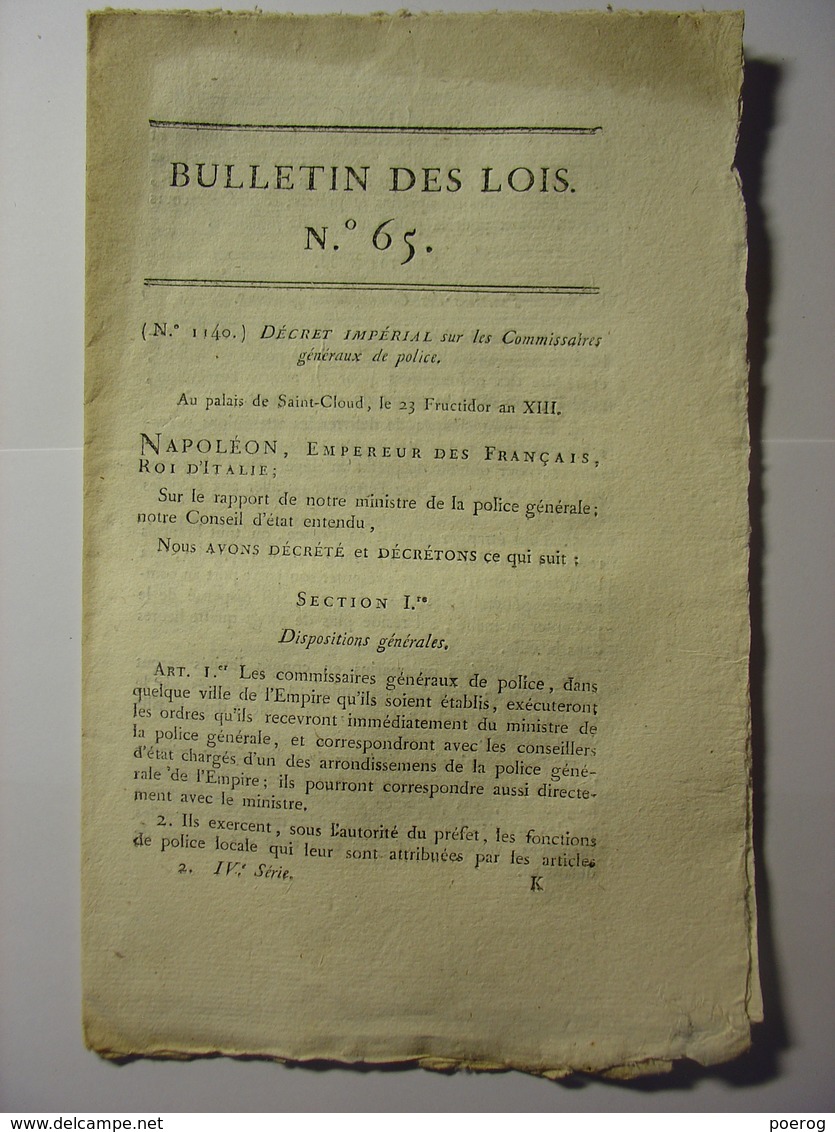 BULLETIN DE LOIS De FRUCTIDOR AN XIII (AOUT 1805) - COMMISSAIRES GENERAUX DE POLICE - Décrets & Lois