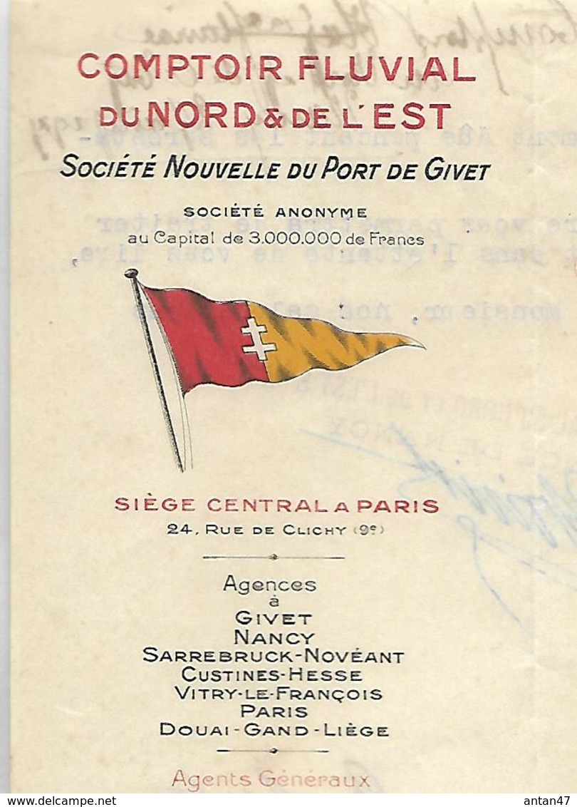 Lettre 1925 / NANCY / Comptoir Rhénan Fluvial De Nord Et De L'Est / Port De Givet / Canal / Siège PARIS - 1900 – 1949