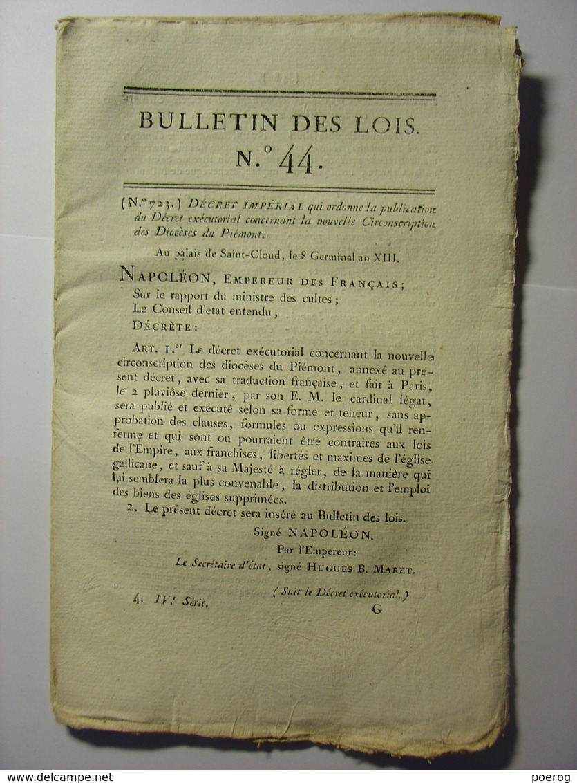 BULLETIN DES LOIS De GERMINAL AN XIII (MARS 1805) - ITALIE CIRCONSCRIPTION DES DIOCESES DU PIEMONT LATIN ET FRANCAIS - Décrets & Lois