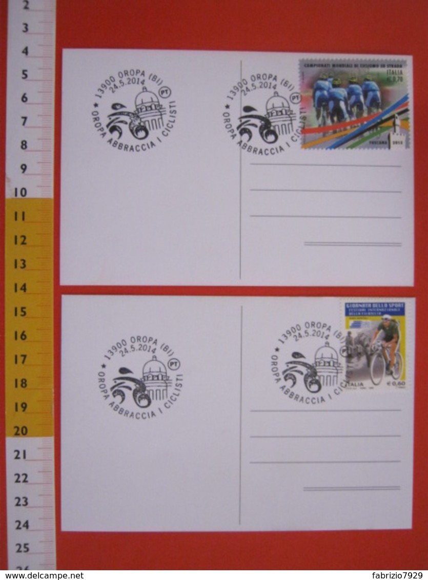 A.07 ITALIA ANNULLO - 2014 OROPA BIELLA SANTUARIO ABBRACCIA I CICLISTI GIRO DI ITALIA 2 CARD IN FOLDER ASCOM TAPPA AGLIE - Cyclisme