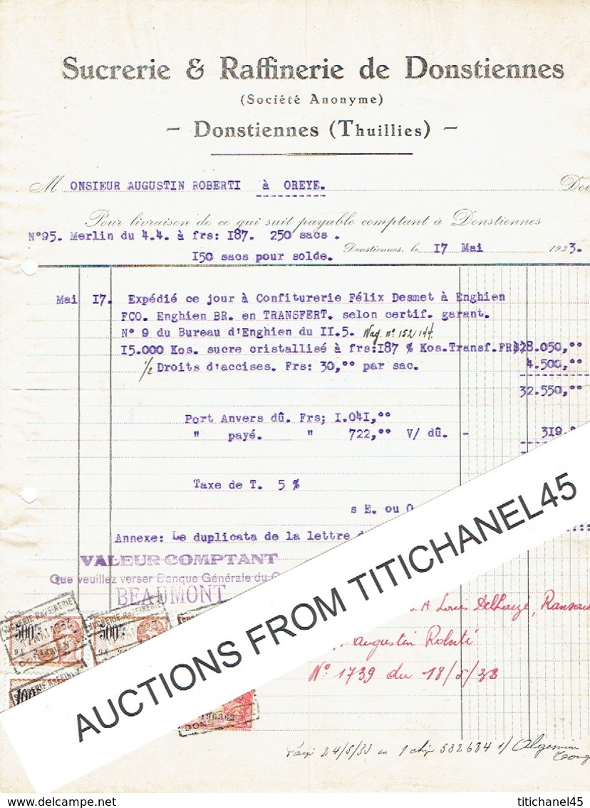 Facture De 1933 - DONSTIENNES (fabrique De Sucre) - THUILLIES (Raperie) - Sucrerie & Raffinerie De Donstiennes - Andere & Zonder Classificatie