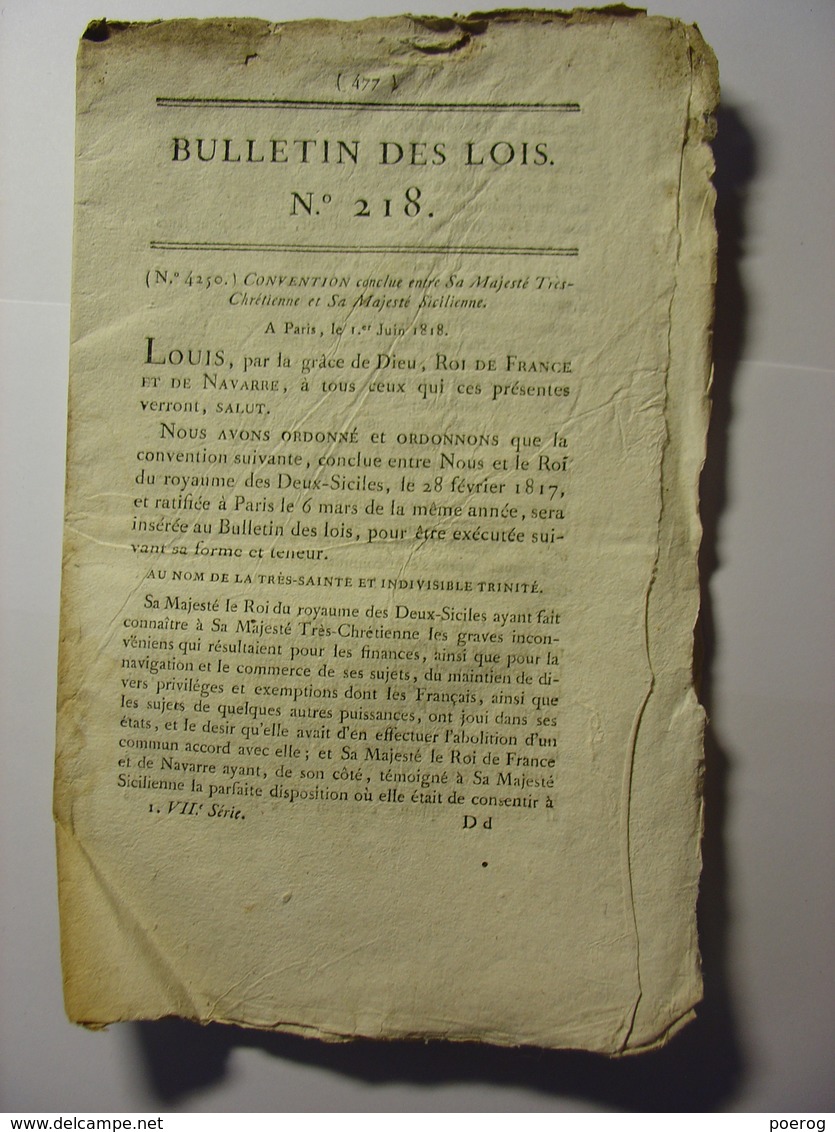 BULLETIN DES LOIS De 1818 - CONVENTION CONCLUE ENTRE LA FRANCE ET LA SICILE PAR RICHELIEU & CASTELCICALA - ITALIE Italia - Decrees & Laws