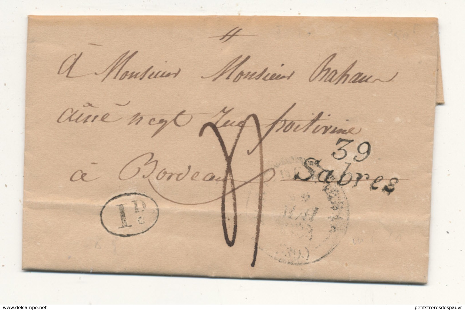 FRANCE  - Cursive 39 SABRES De Langon Le 14 Mars 1833 Pour Bordeaux (avec Texte) - 1801-1848: Précurseurs XIX