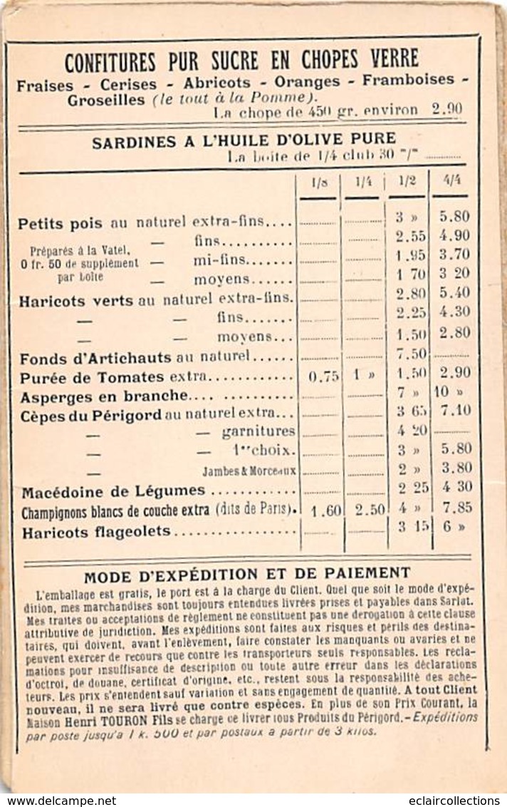 Sarlat La Canedat      24    Conserves Henri Touron  Tryptique De Tarifs Et Photos De Métiers Locaux       (voir Scan) - Sarlat La Caneda