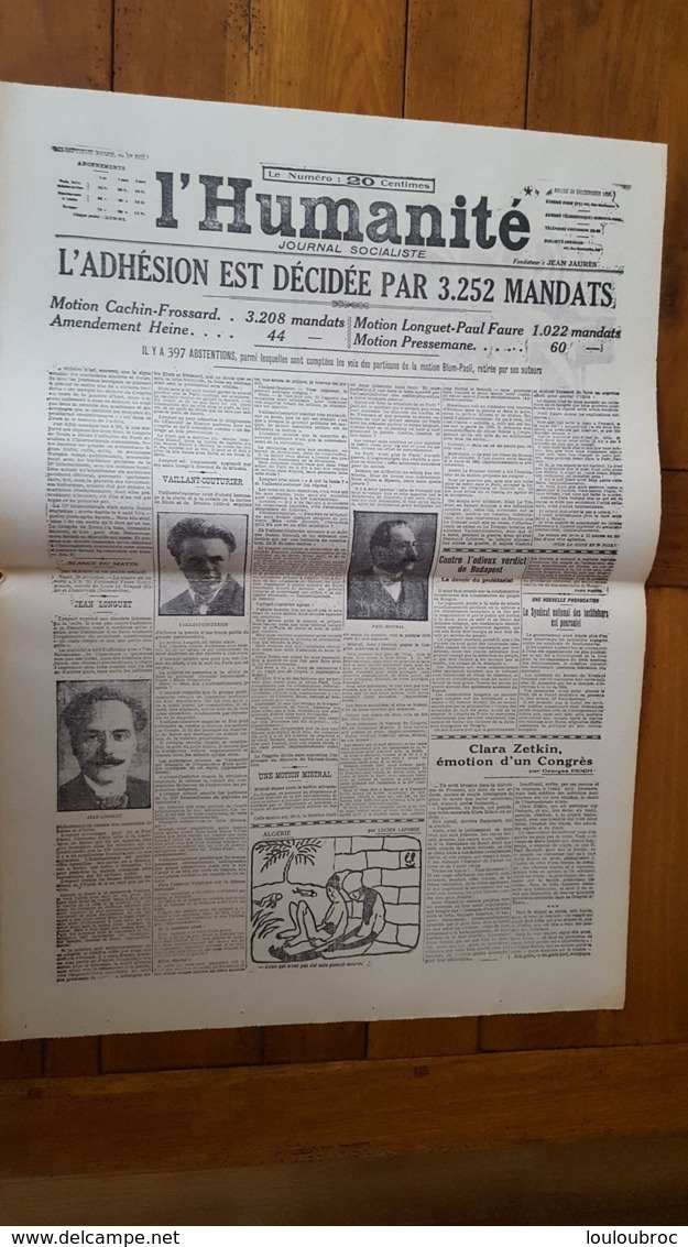 L'HUMANITE FAC SIMILE DE LA UNE DU 30/12/1920  N°6126  L'ADHESION EST DECIDEE PAR 3252 MANDATS - Autres & Non Classés