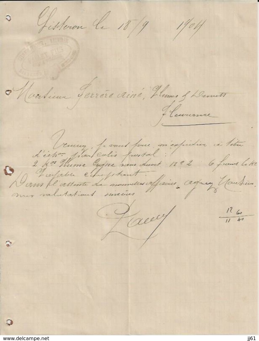 SISTERON PALLET SUCCESSEUR VOLONNE CONFECTION LITERIE COMMANDE PLUMES DE CYGNES ANNEE 1904 ENTETE AVEC TAMPON - Autres & Non Classés