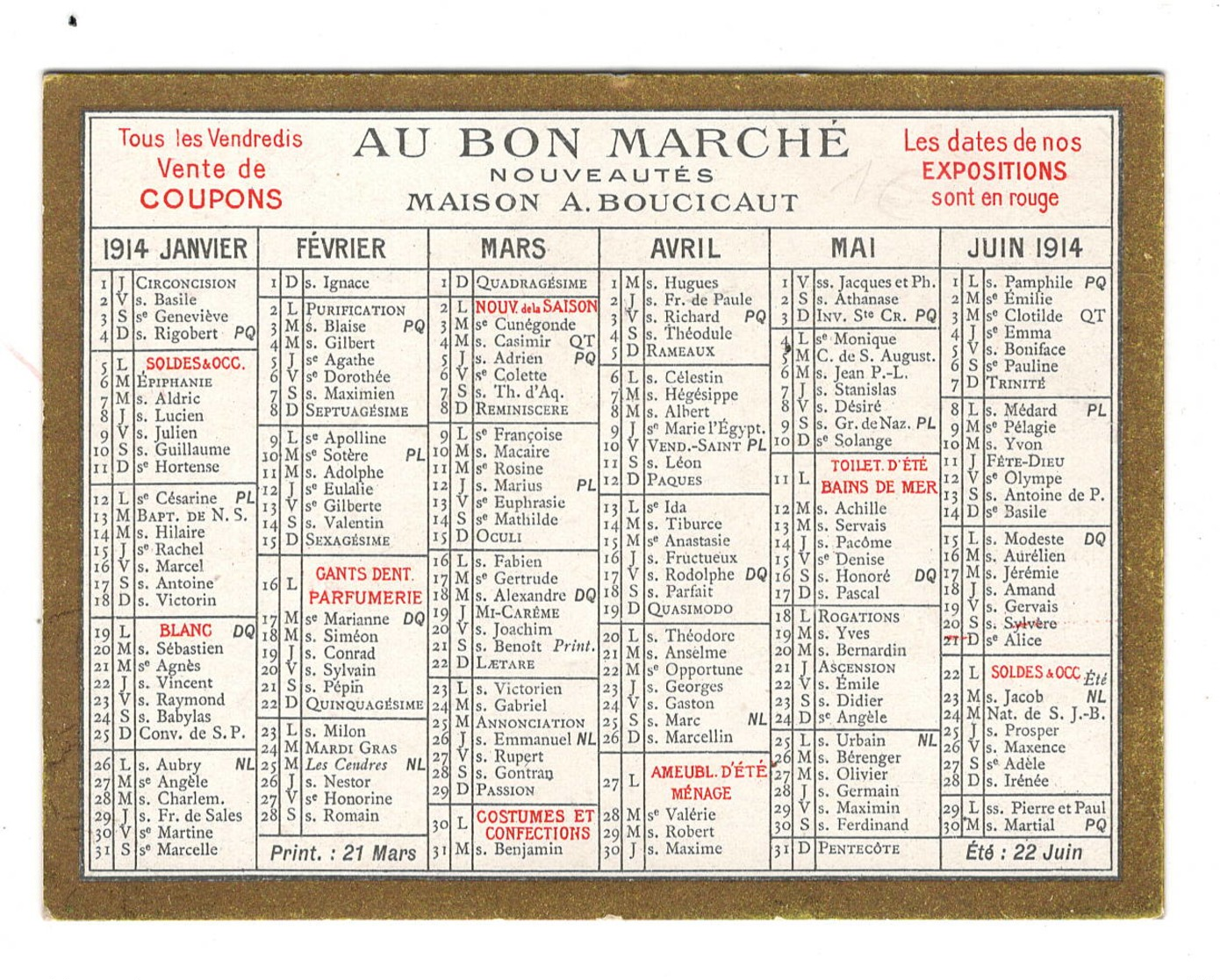 Calendrier 1914  Au Bon Marché - Petit Format : 1901-20