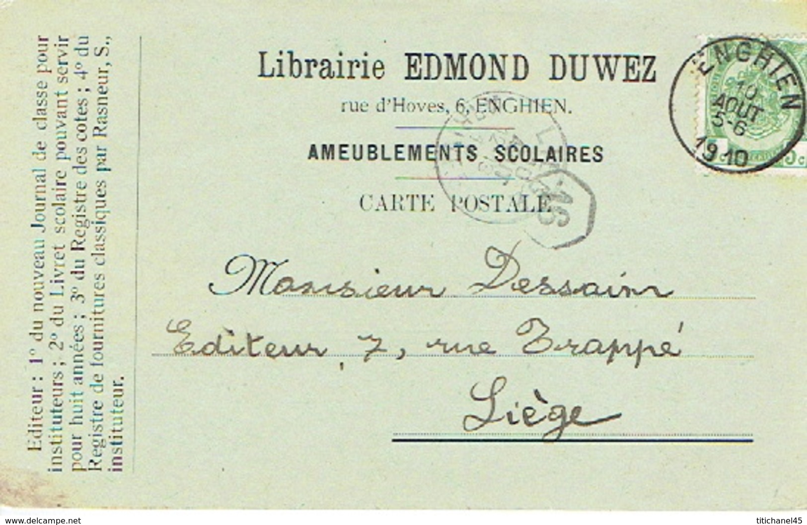 CP Publicitaire ENGHIEN 1910 - EDMOND DUWEZ - Librairie, Ameublement Scolaire - Edingen