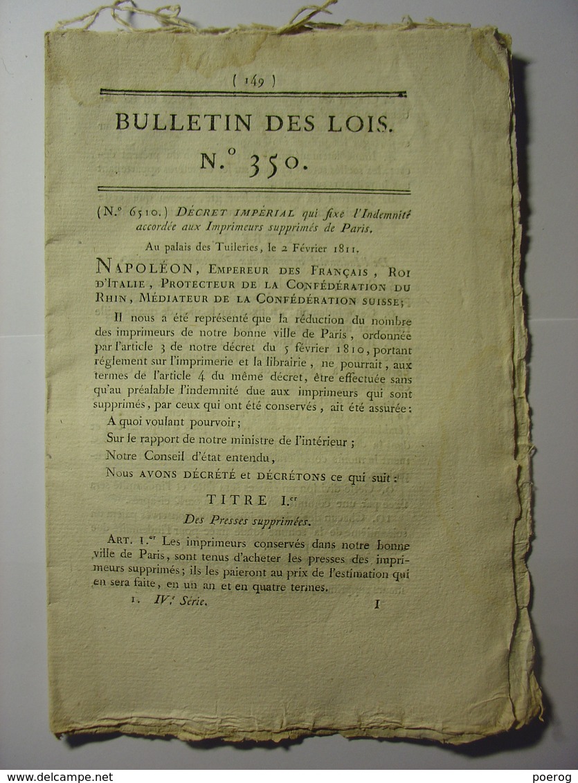 BULLETIN DES LOIS De 1811 - COMMERCE BOUCHERIE BOUCHER SEINE - SUPPRESSION IMPRIMEURS PARIS - MAGISTRAT PO ITALIE - Decretos & Leyes