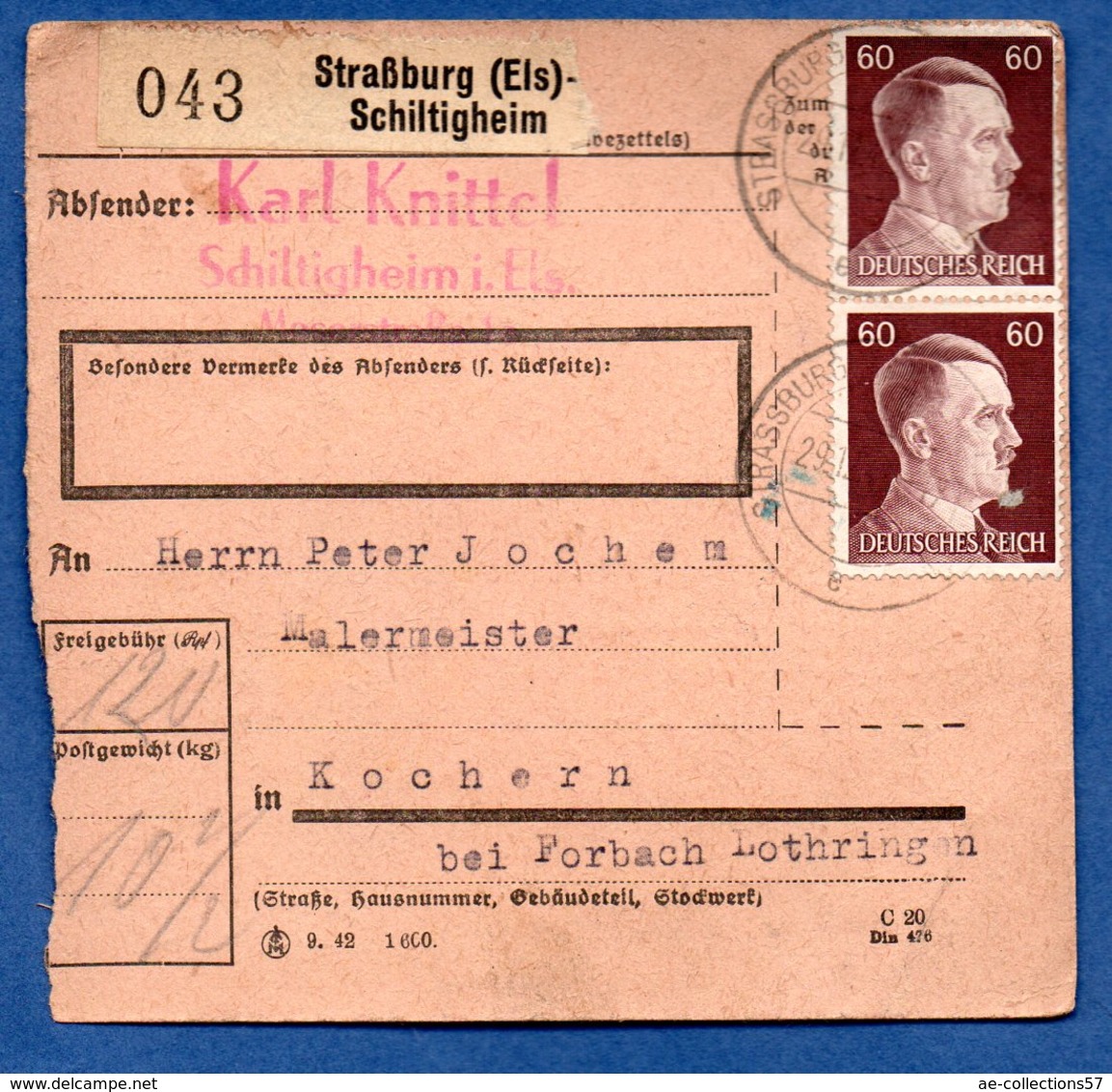 Colis Postal  -  Départ Strasburg - Schiltigheim  -  Pour Kochern   29/12/1943 - Covers & Documents